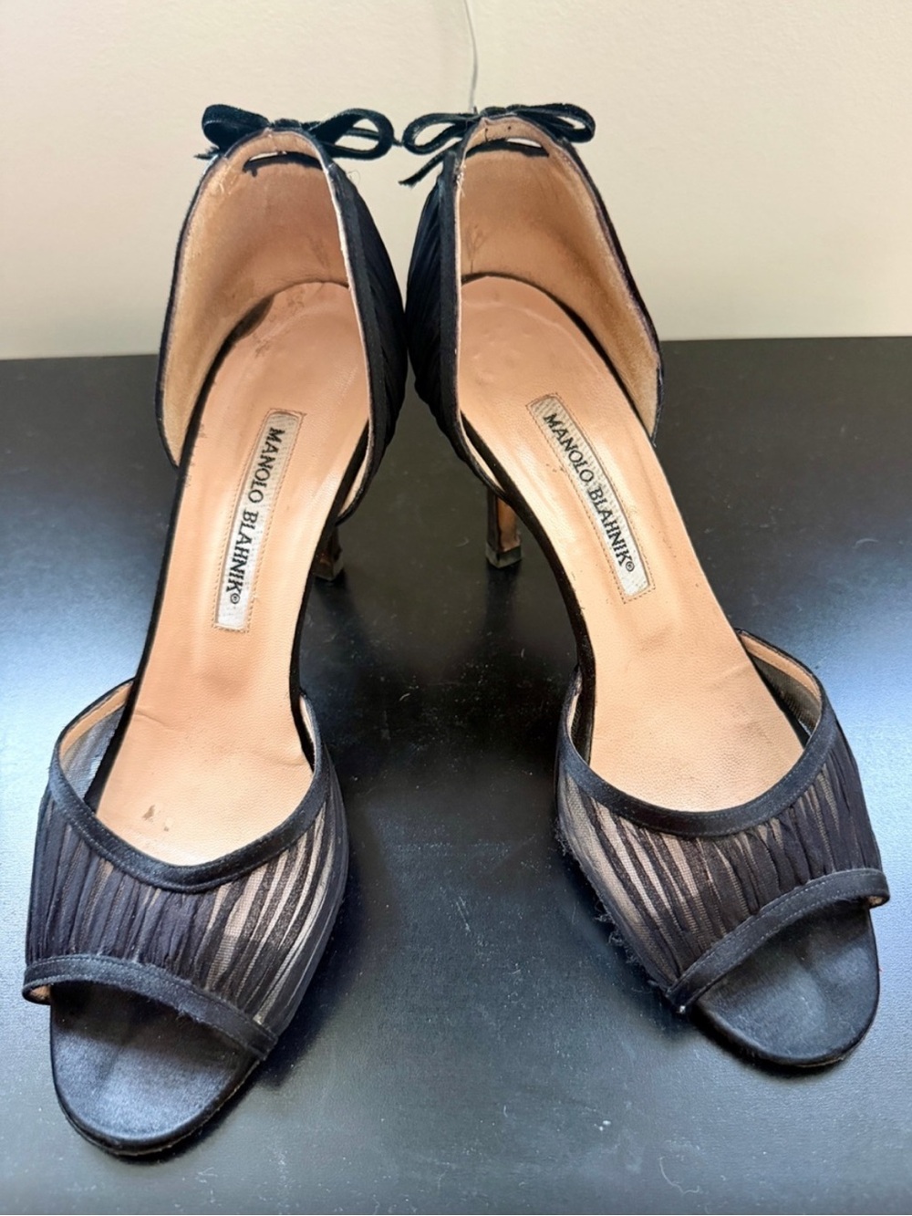 Manolo Blahnik Black Sheer Peep-Toe Tie-Back Heels
